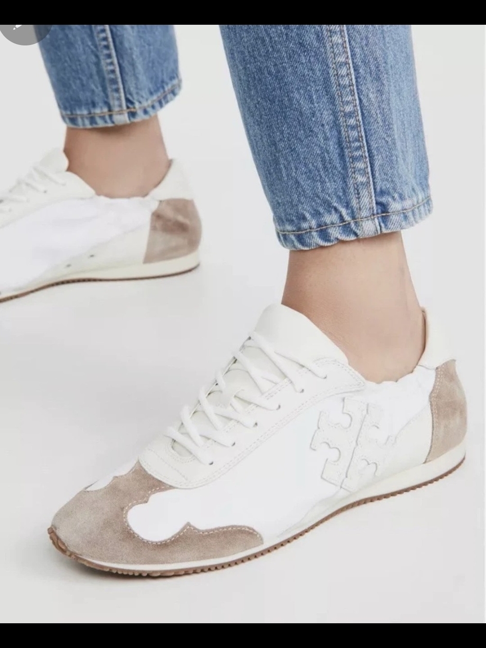 Tory Burch White and Taupe Suede-Trim Lace-Up Sneakers